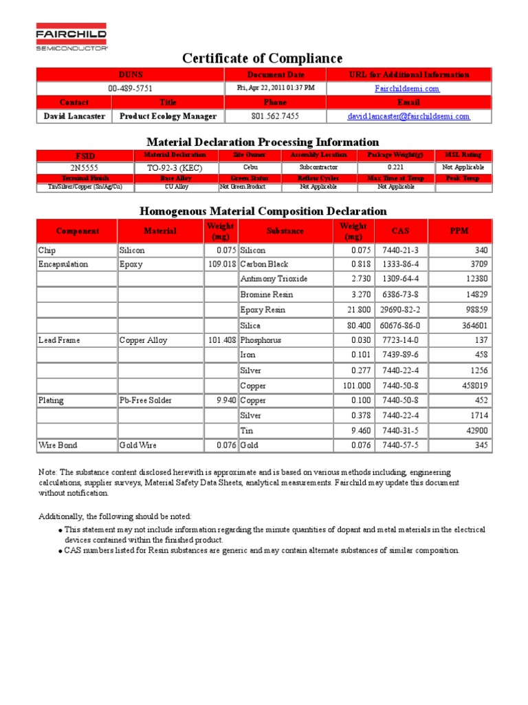 Certificate of Compliance: Material Declaration Processing Information ...