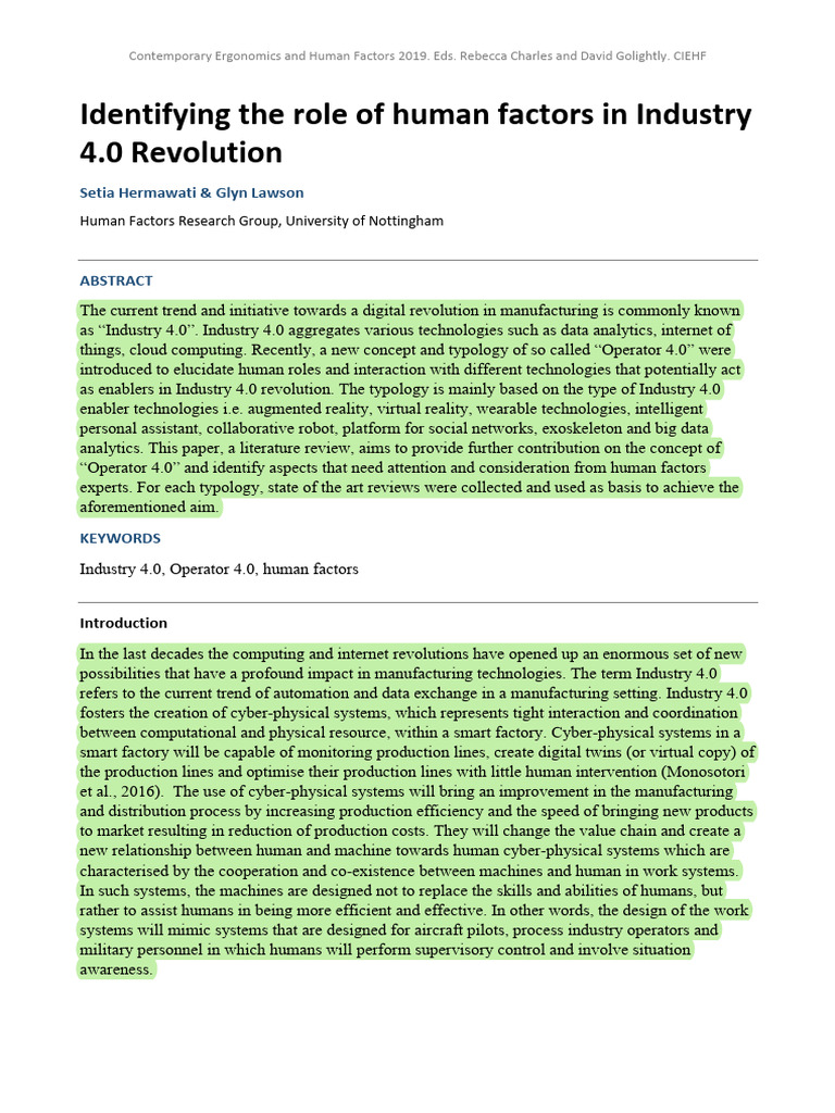 Identifying The Role of Human Factors in Industry 4.0 Revolution | PDF