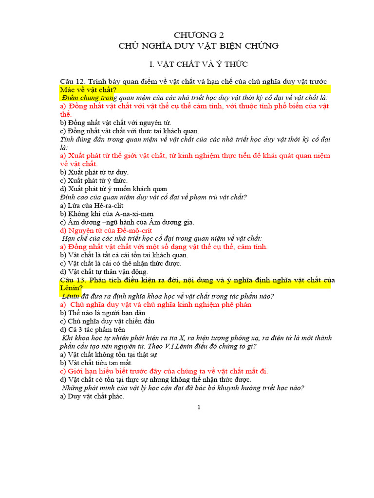 Dap An Cau Hoi Trac Nghiem Chuong 2 Triet Mac Lenin - Compress | PDF