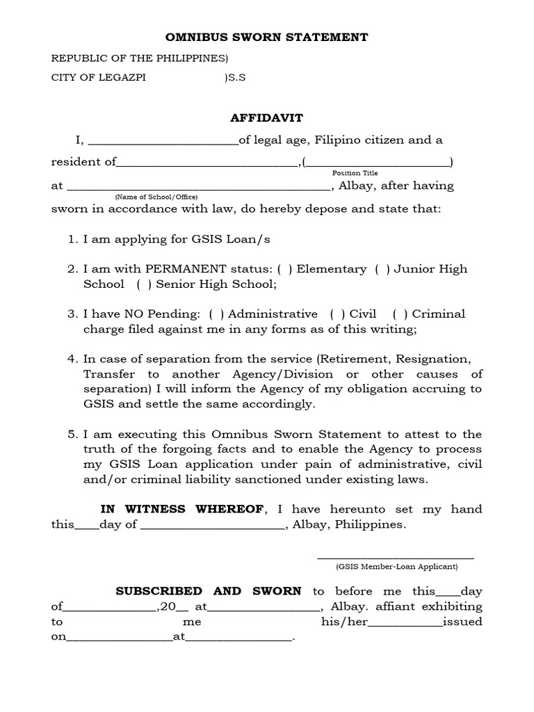 Omnibus Sworn Statement Template PDF
