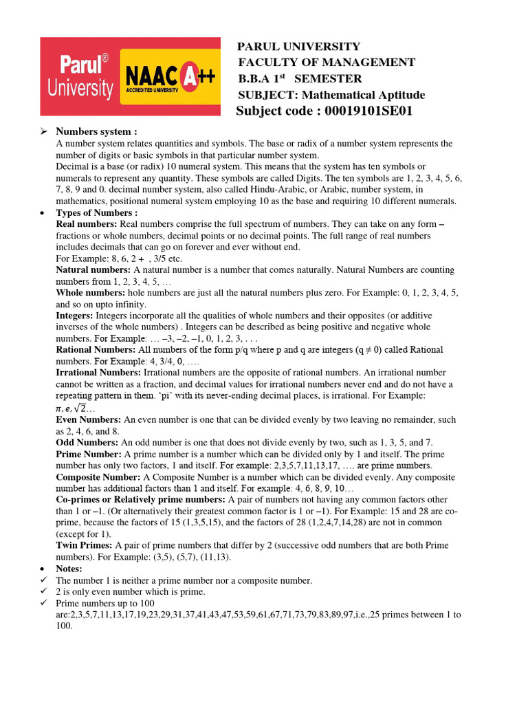 MA Unit 1 | PDF | Numbers | Division (Mathematics)