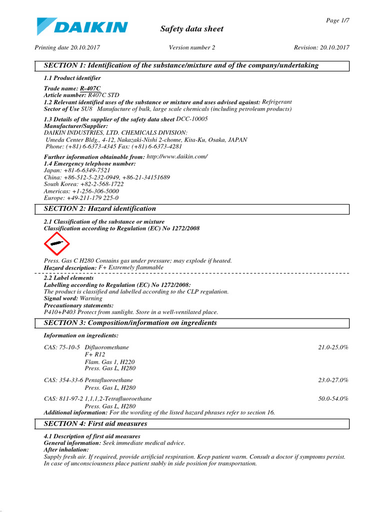 DAIKIN R407c MSDS | PDF | Dangerous Goods | Fires