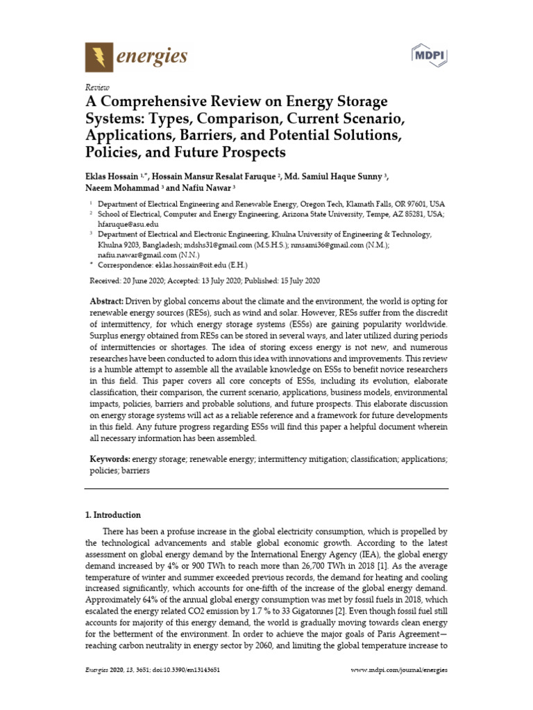 A Comprehensive Review On Energy Storage Systems T | PDF | Energy ...