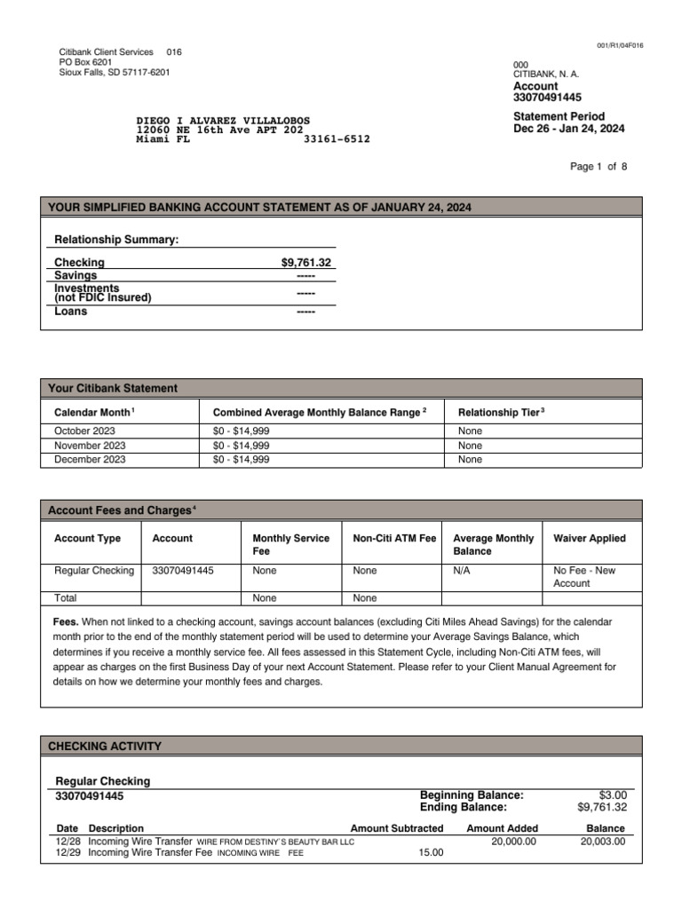 January 2024 PDF Fee Citibank