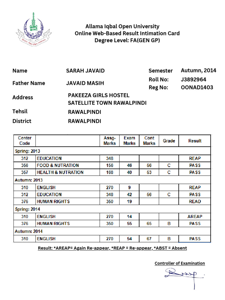 AIOU Online Result Card for FA(GEN GP) | PDF