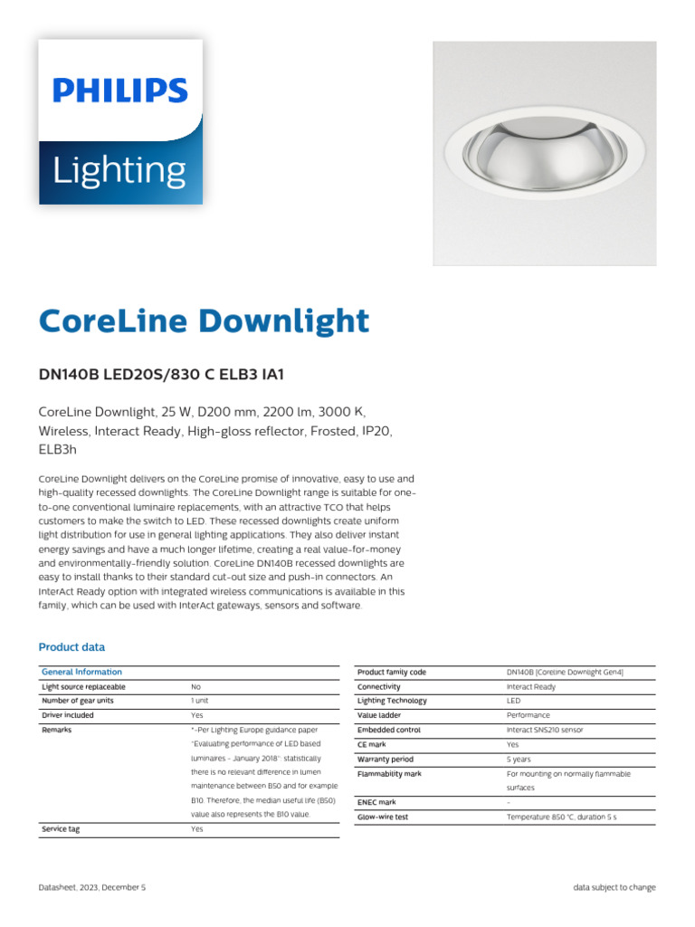 CoreLine Downlight Specifications | PDF | Lighting | Electrical Engineering