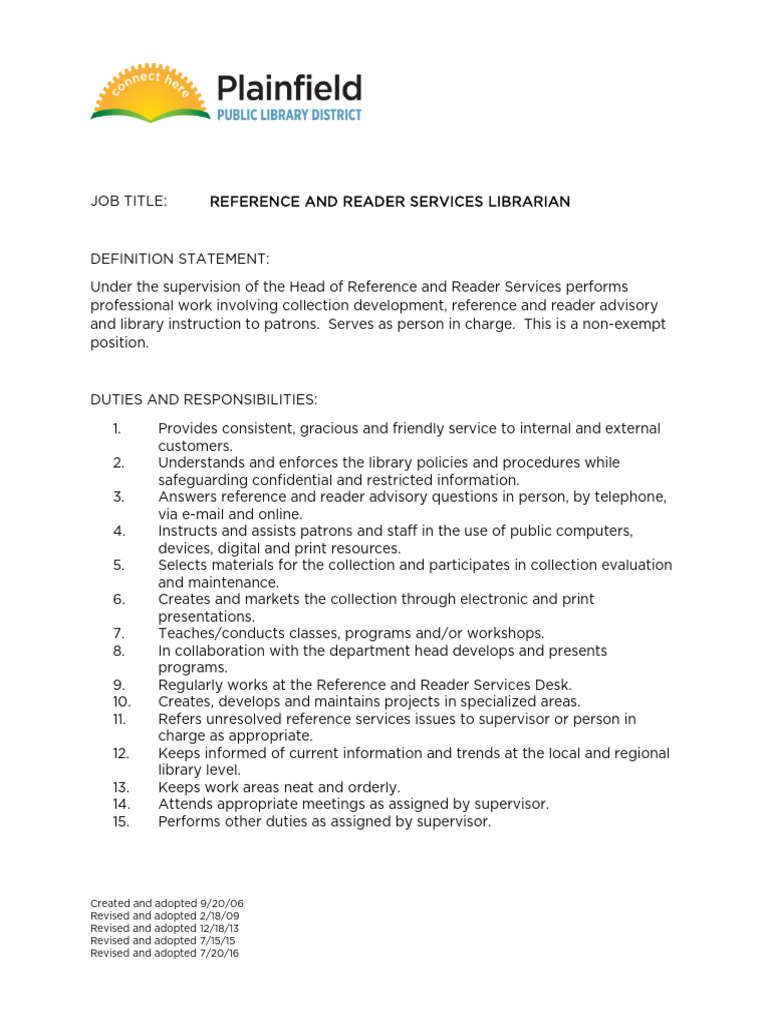 Reader Services Librarian Overview | PDF | Libraries | Librarian