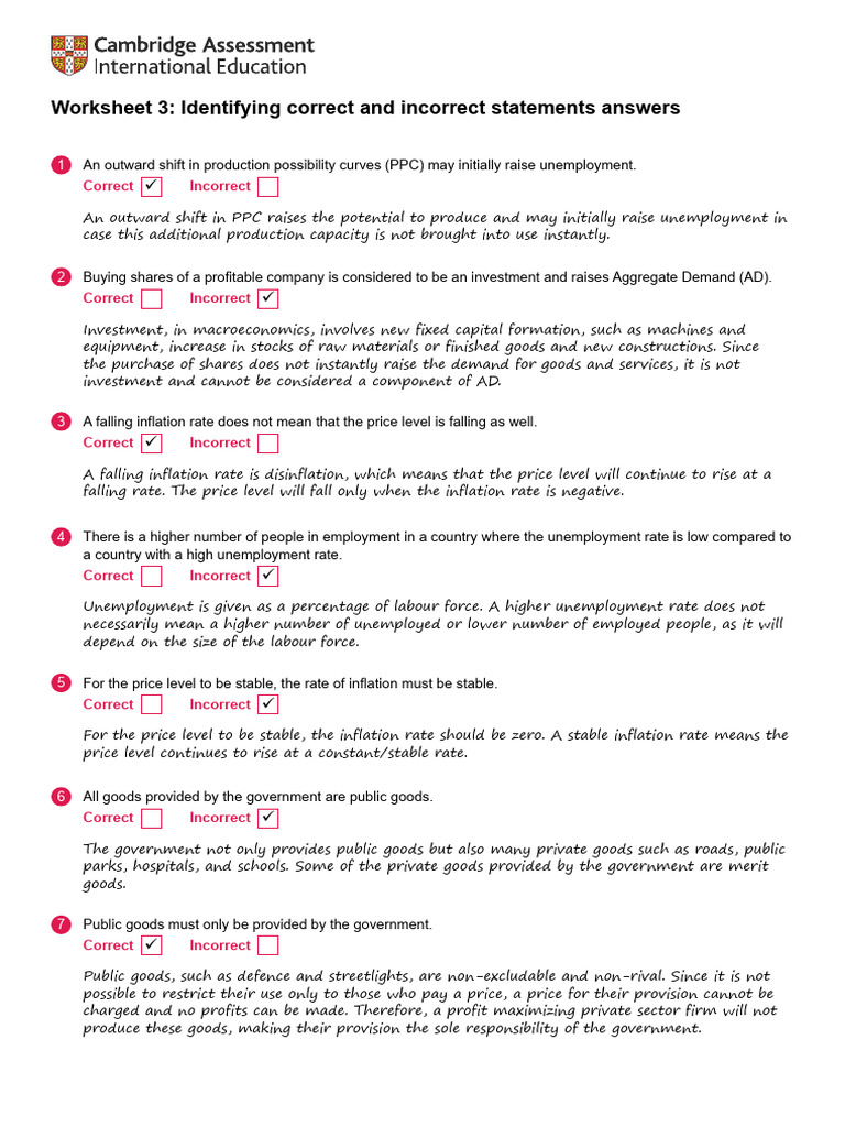 AO1 Worksheet 3 Identifying Correct and Incorrect Statements Answers PDF