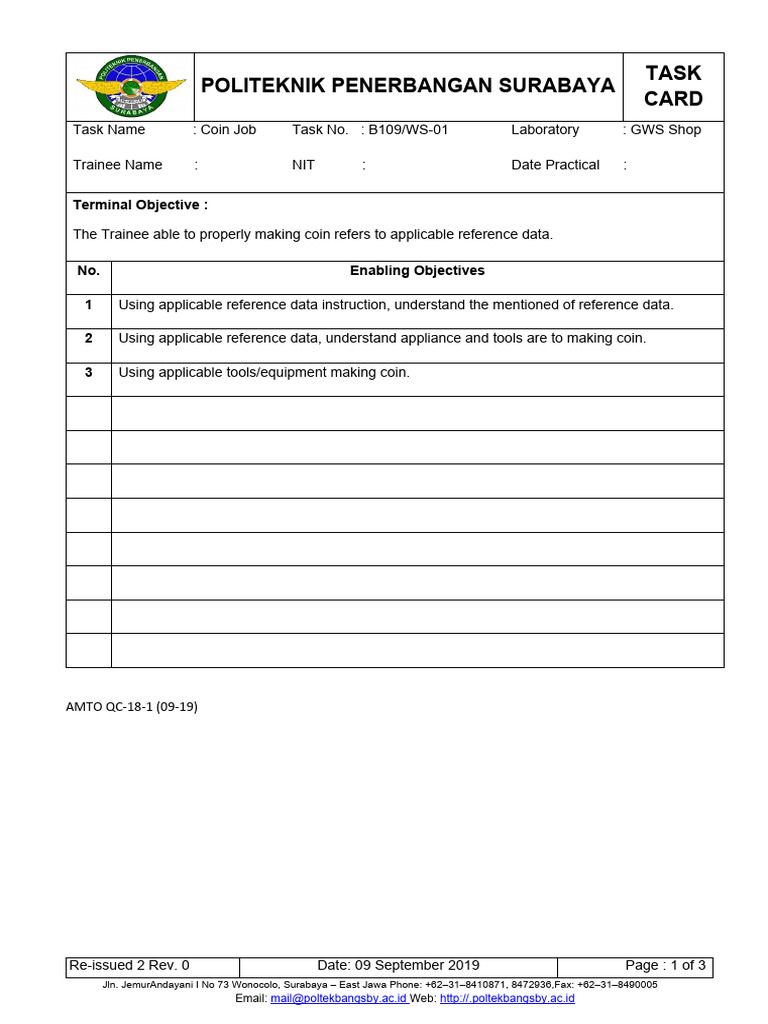 Coin Job Task Card for Trainees | PDF