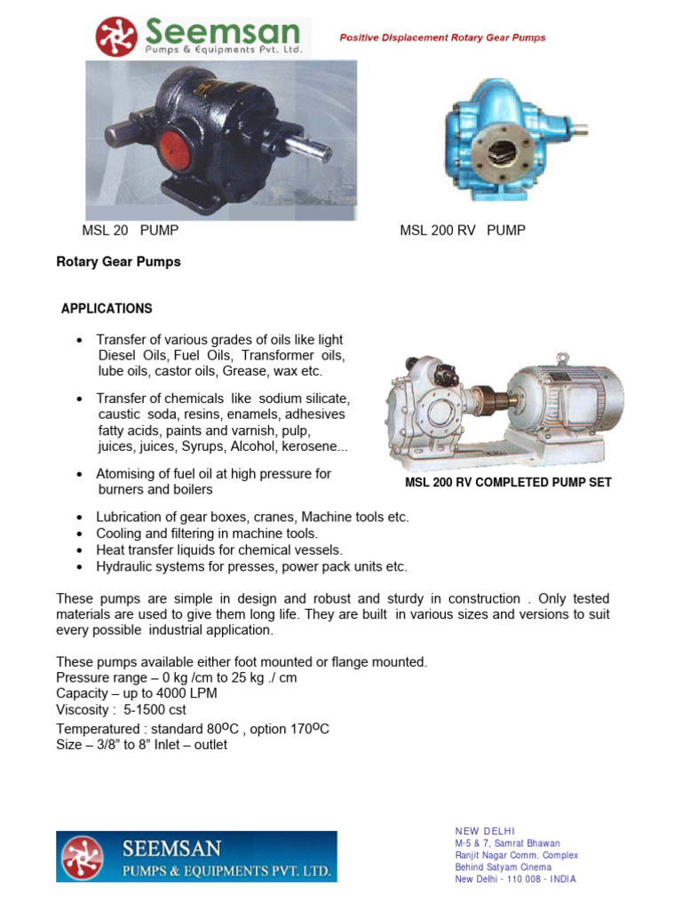 MSL Rotary Gear Pump Specifications | PDF | Pump | Oil
