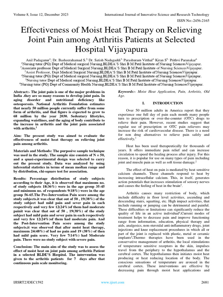 Effectiveness of Moist Heat Therapy On Relieving Joint Pain Among Arthritis Patients at Selected