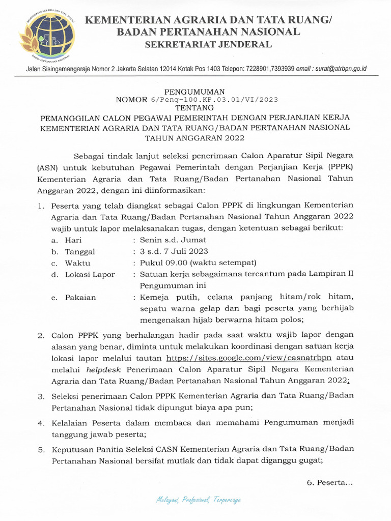 Pemanggilan Penerimaan PPPK Kementerian ATRBPN Tahun 2022 | PDF