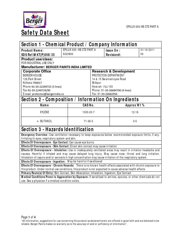 Epilux 555 HB CTE Part A Safety Data Sheet | PDF | Firefighting | Water