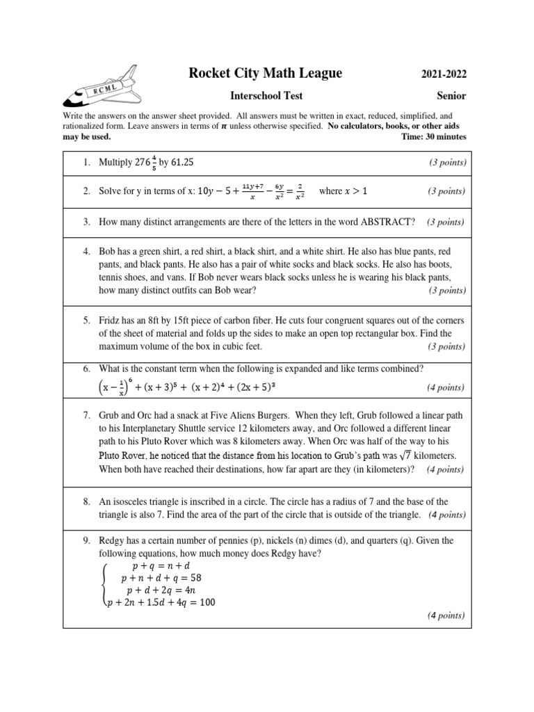 2021-2022 Senior Interschool Test | PDF | Circle | Triangle