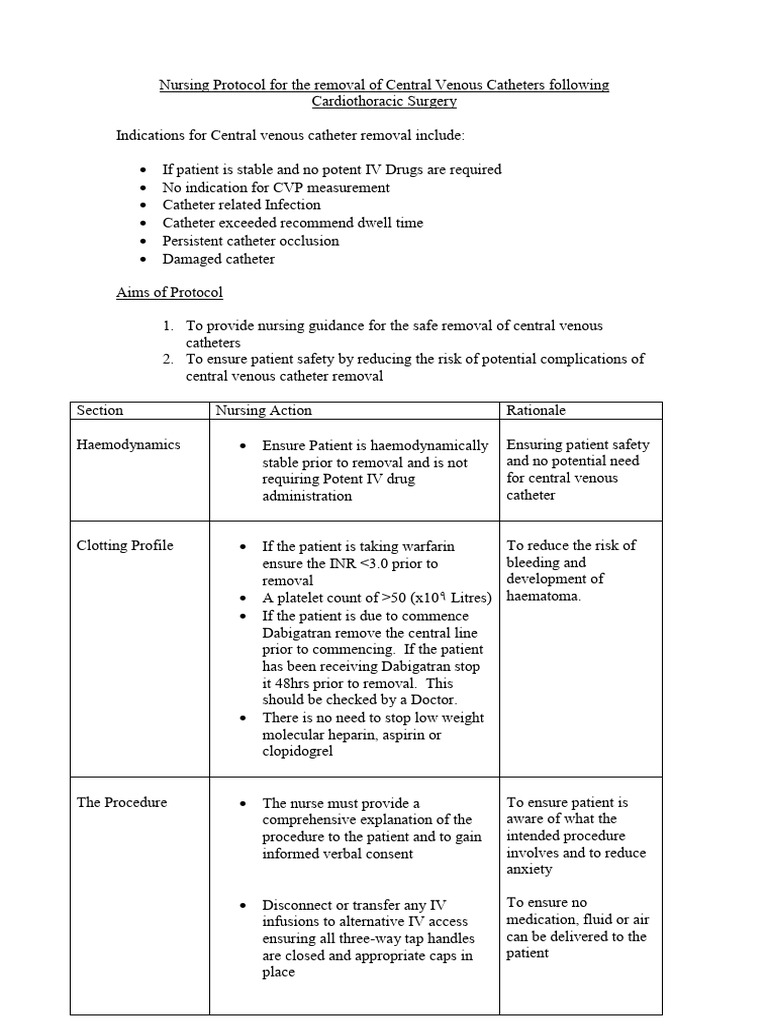 Central Venous Catheter Removal Protocol | PDF | Catheter | Medical ...