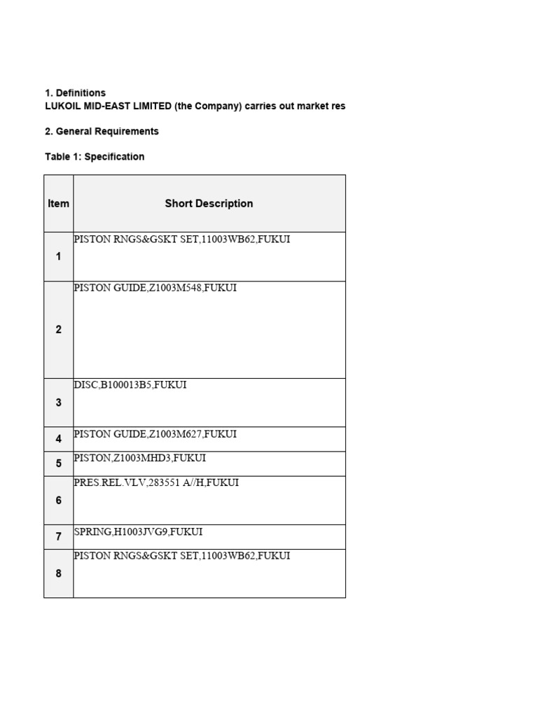 Commercial Questionnaire for Fukui Parts | PDF
