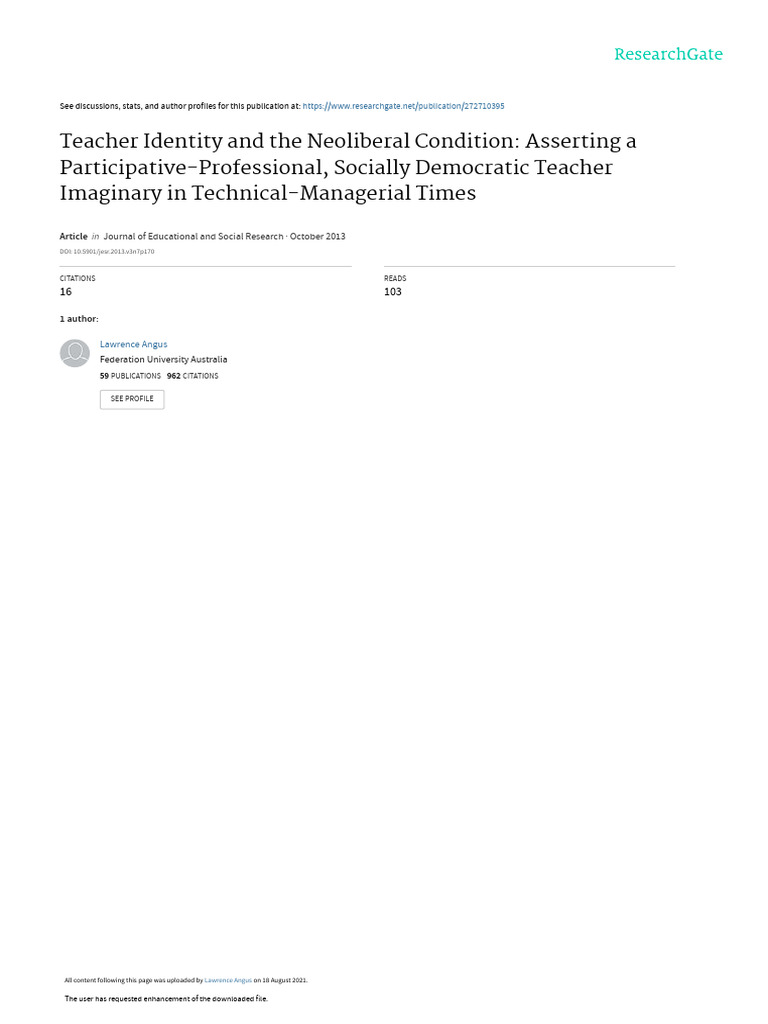 1 teacher identity and the neoliberal condition asse pdf teachers
