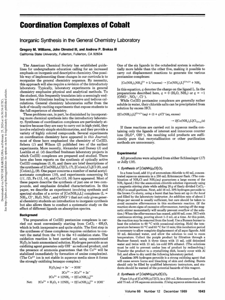 Synthesis of Cobalt Coordination Complexes | PDF | Coordination Complex ...