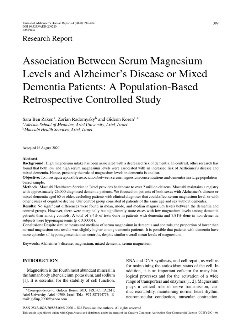 Association Between Serum Magnesium Levels and Alzheimer's Disease or