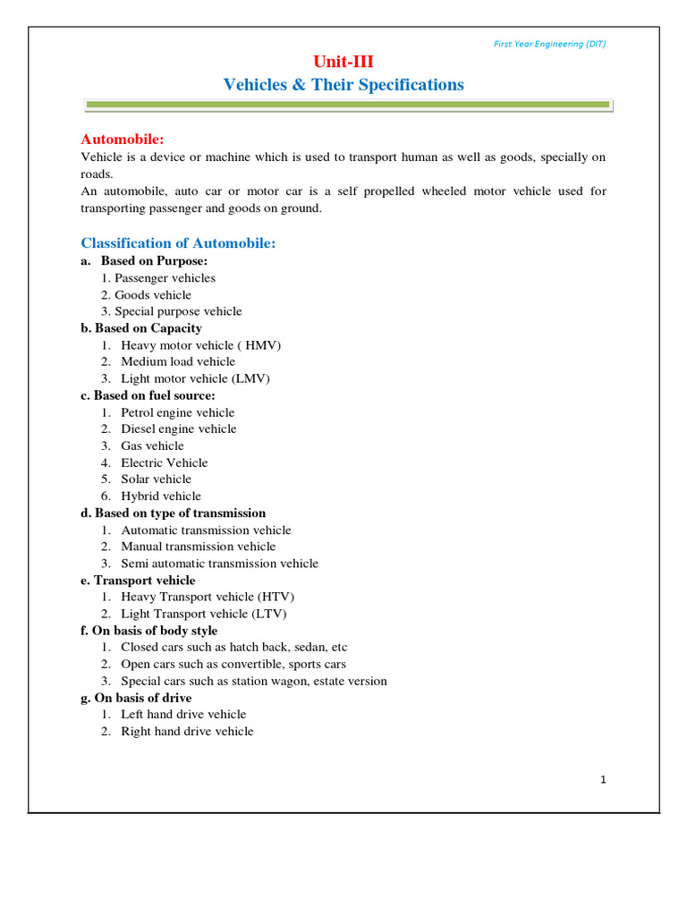 Vehicle Specifications for Engineering Students | PDF