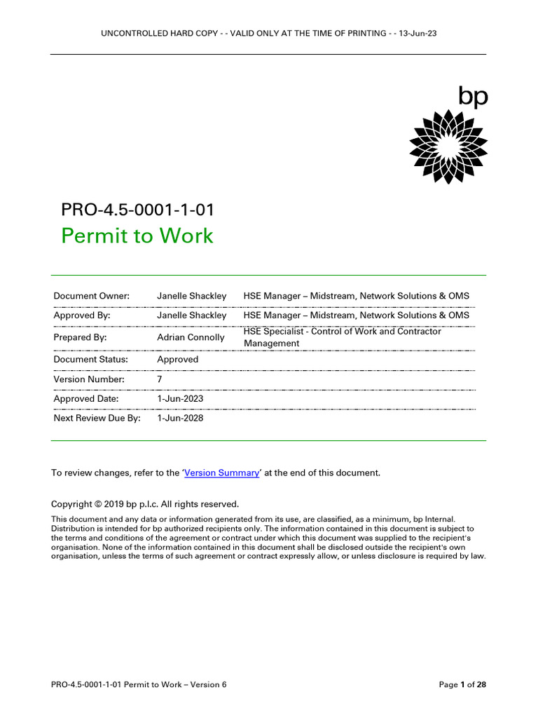 Pro 4 5 0001 1 01 Permit To Work | PDF | Hazards | Risk Assessment