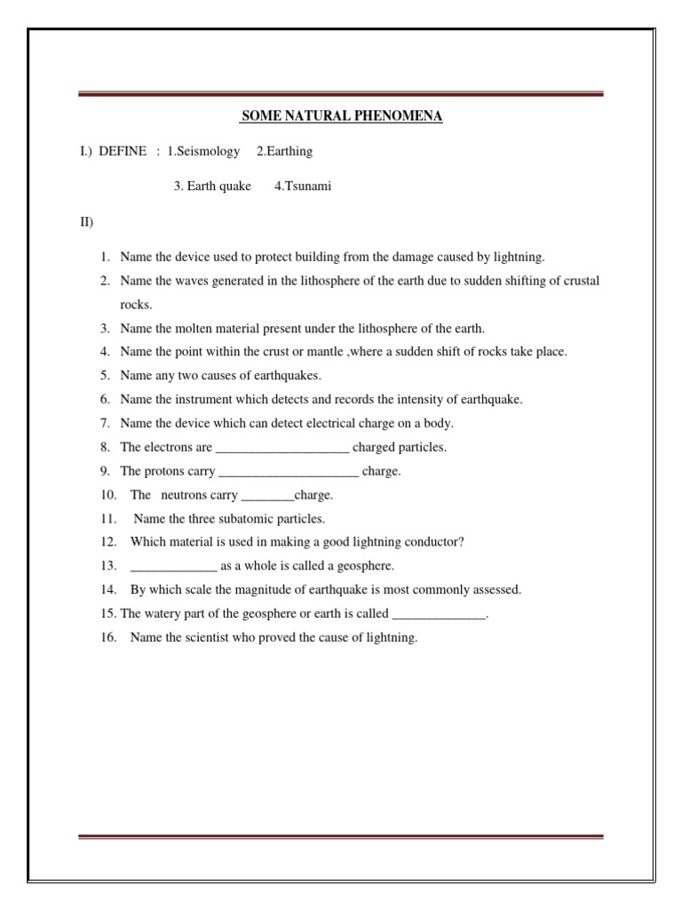 Class 8 Science Worksheet Some Natural Phenomena Part A | PDF