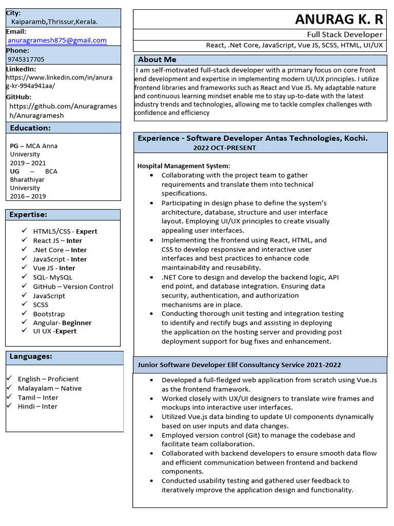 Full Stack Developer Profile: Anurag K. R | PDF | User Interface | Java ...