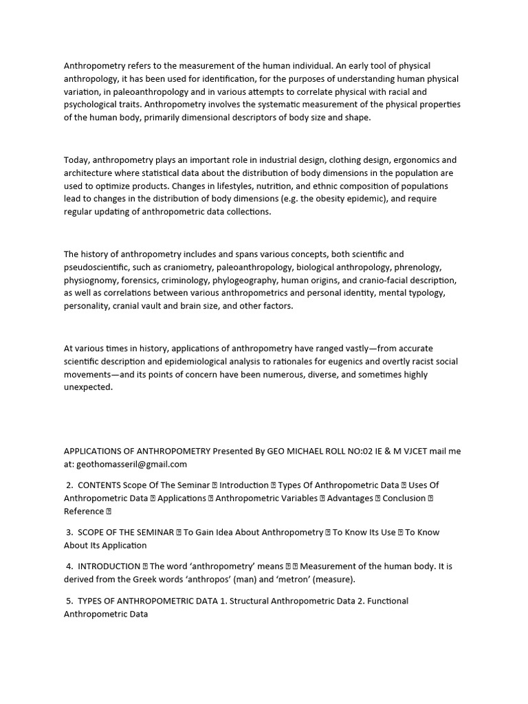 Anthropometry Refers To The Measurement Of The Human Individual Pdf