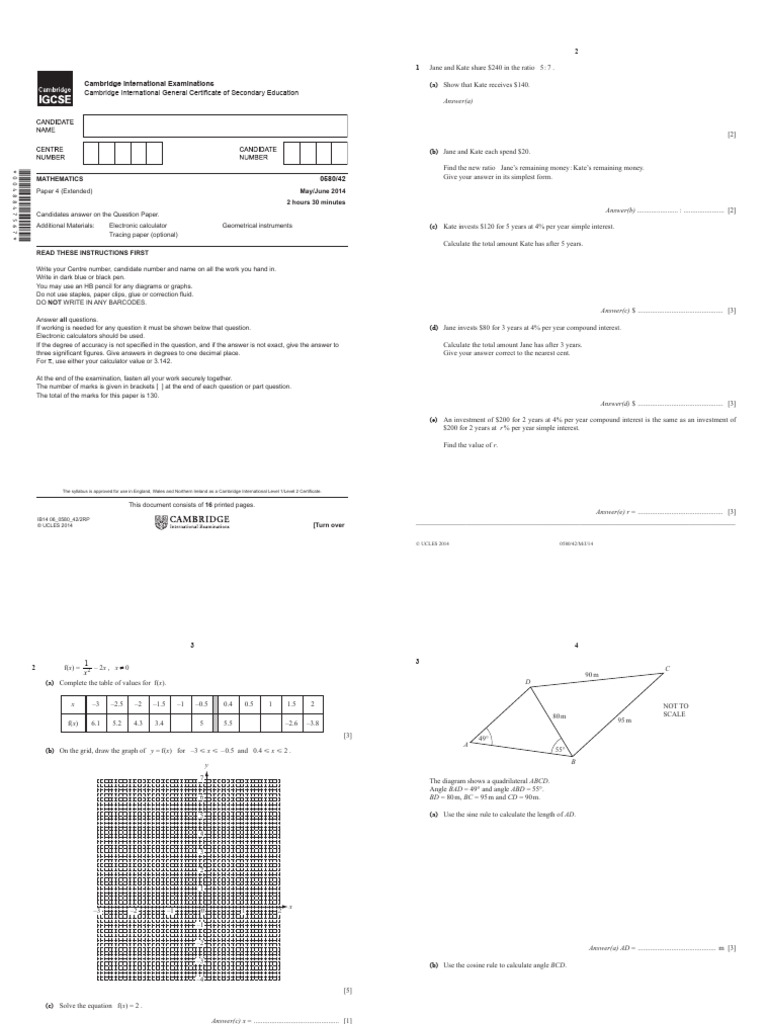 Mathematics Paper 4 Instructions | PDF