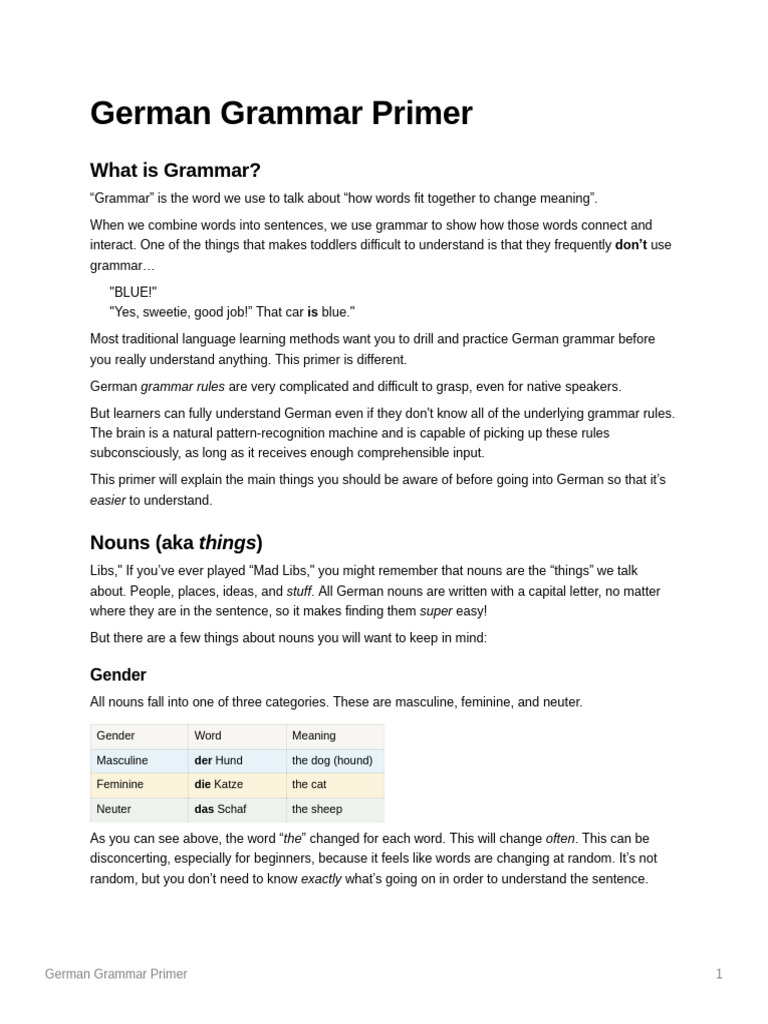 German Grammar Primer | PDF | Grammatical Gender | English Language