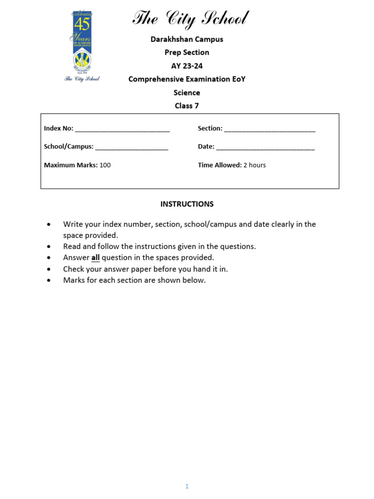 Science Class 7 Comprehensive Paper MYE 23 Download Free PDF Blood