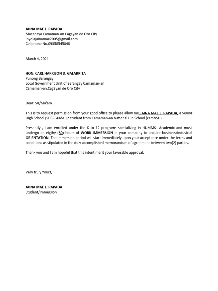 Work Immersion Request Letter | PDF