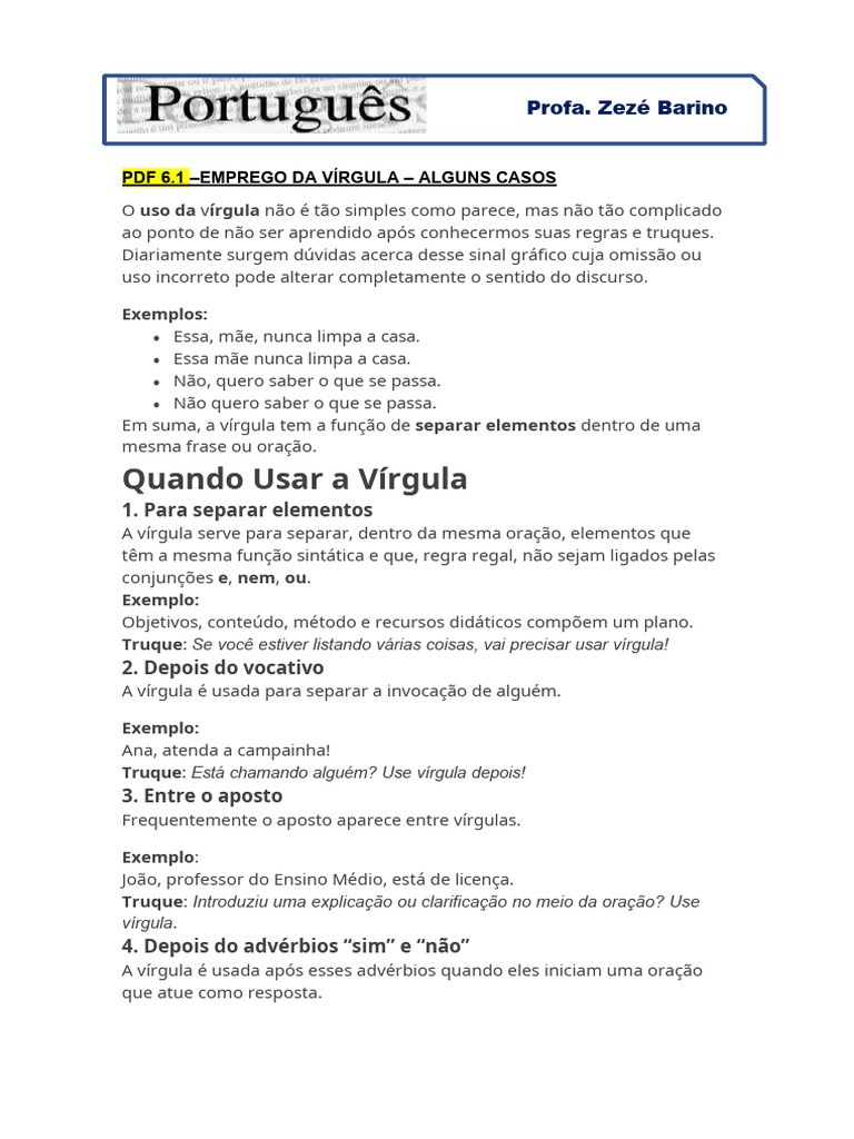 PDF 6.1 - Emprego Da Vírgula - Alguns Casos | PDF | Linguística | Sintaxe