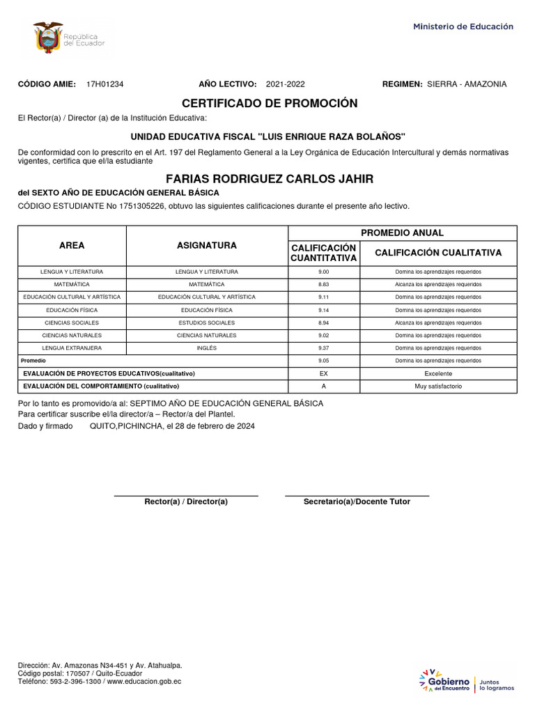 Certificado de Promoción Escolar 2024 | PDF