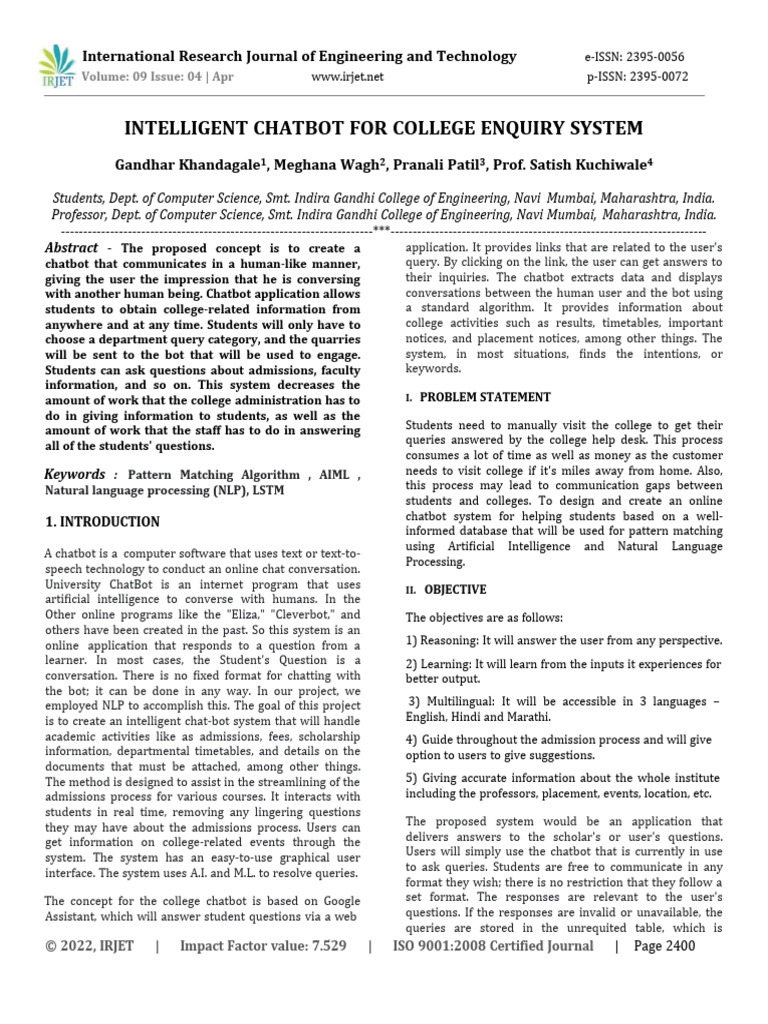 Intelligent Chatbot for College Enquiries | PDF | Artificial ...