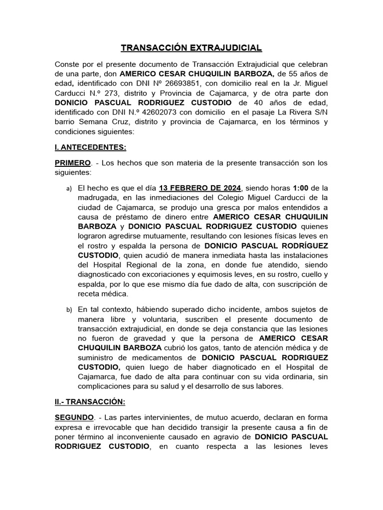 Transacción Extrajudicial en Cajamarca | PDF | Derecho