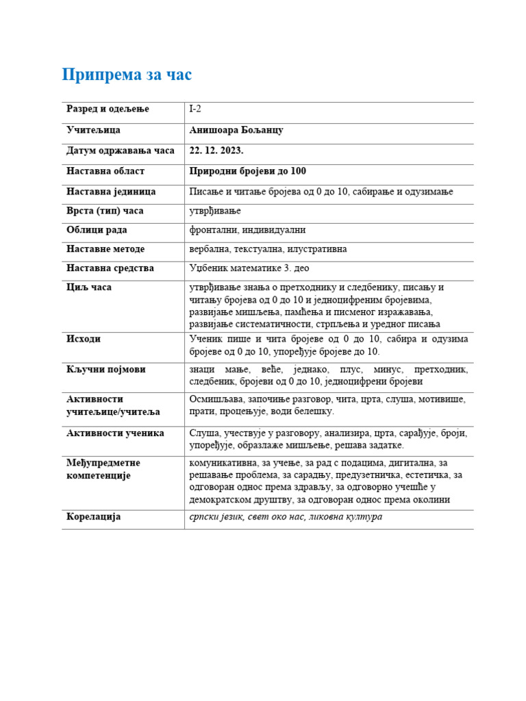 Припрема за час | PDF