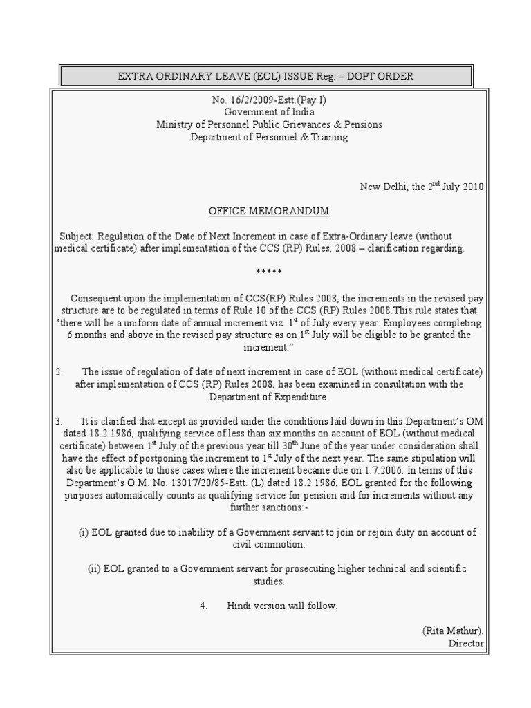 Extra Ordinary Leave Government Of India Pension