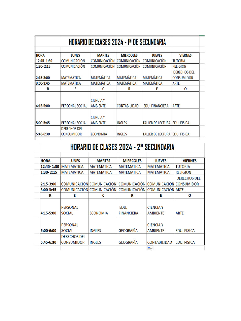 Horario de Primero y Segundo de Secundaria | PDF