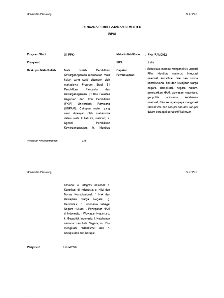 RPS Pendidikan Kewarganegaraan S1 PPKn | PDF