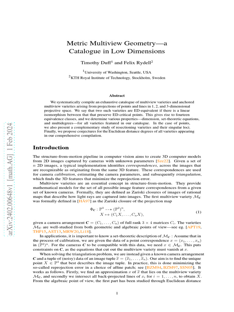 Metric Multiview Geometry-A Catalogue in Low Dimensions: Timothy Duff ...
