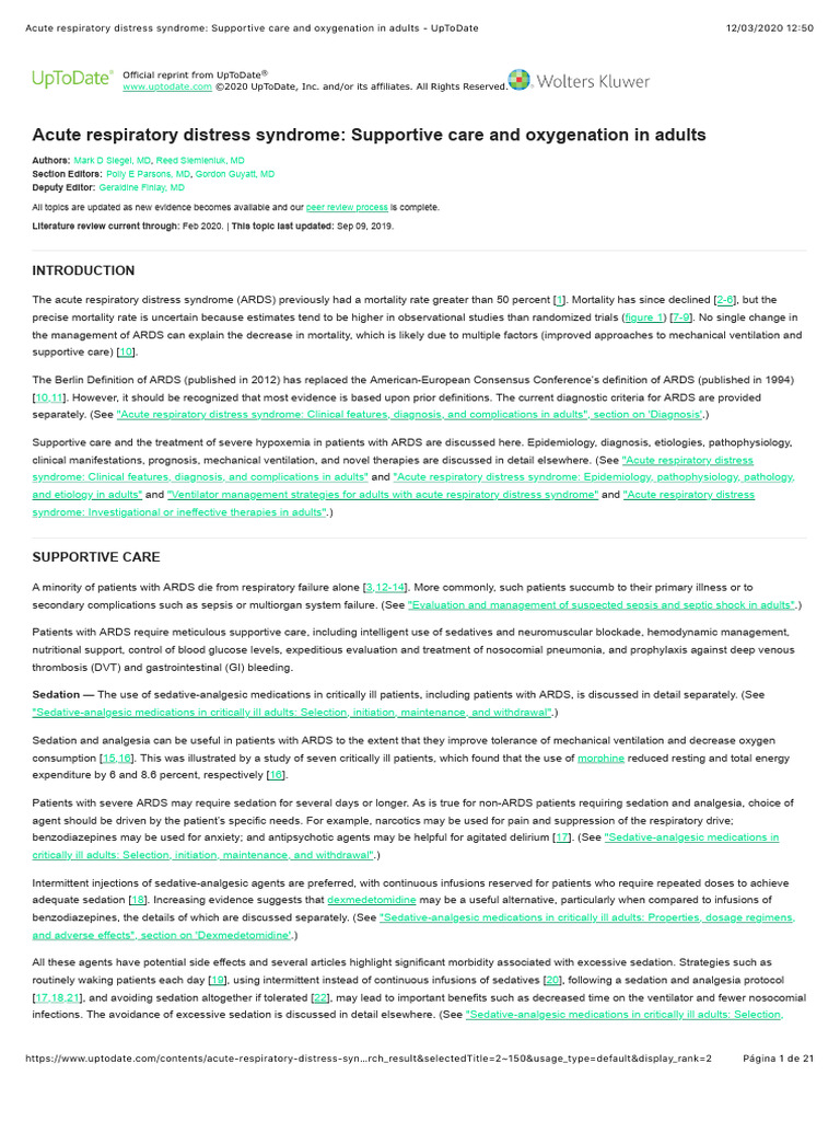 Acute Respiratory Distress Syndrome Supportive Care And Oxygenation In