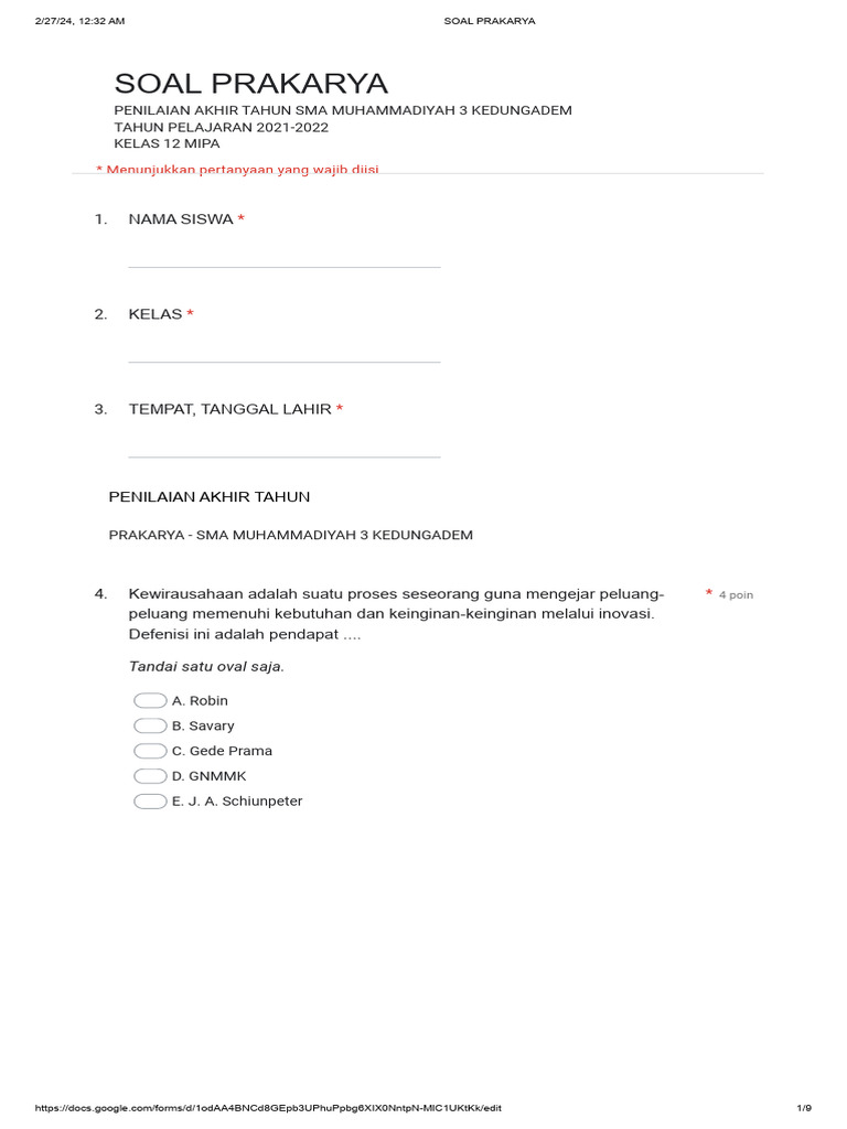 Kls 12 soal prakarya google formulir pdf