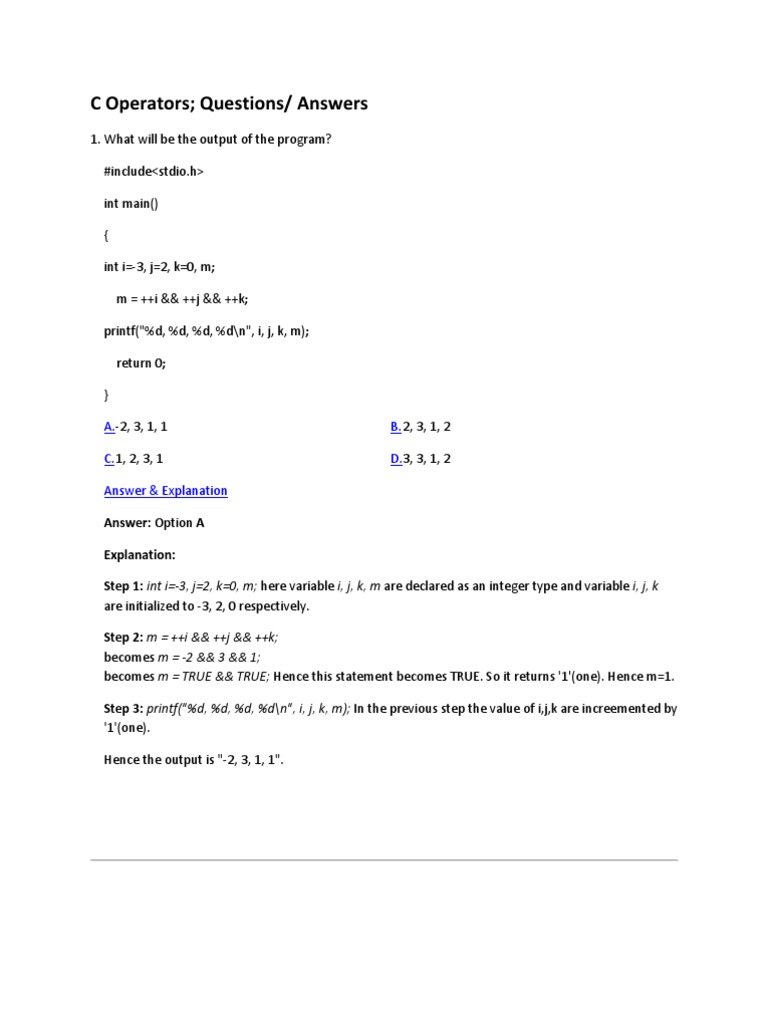C Operators: Output Quiz Questions | PDF | Integer (Computer Science ...