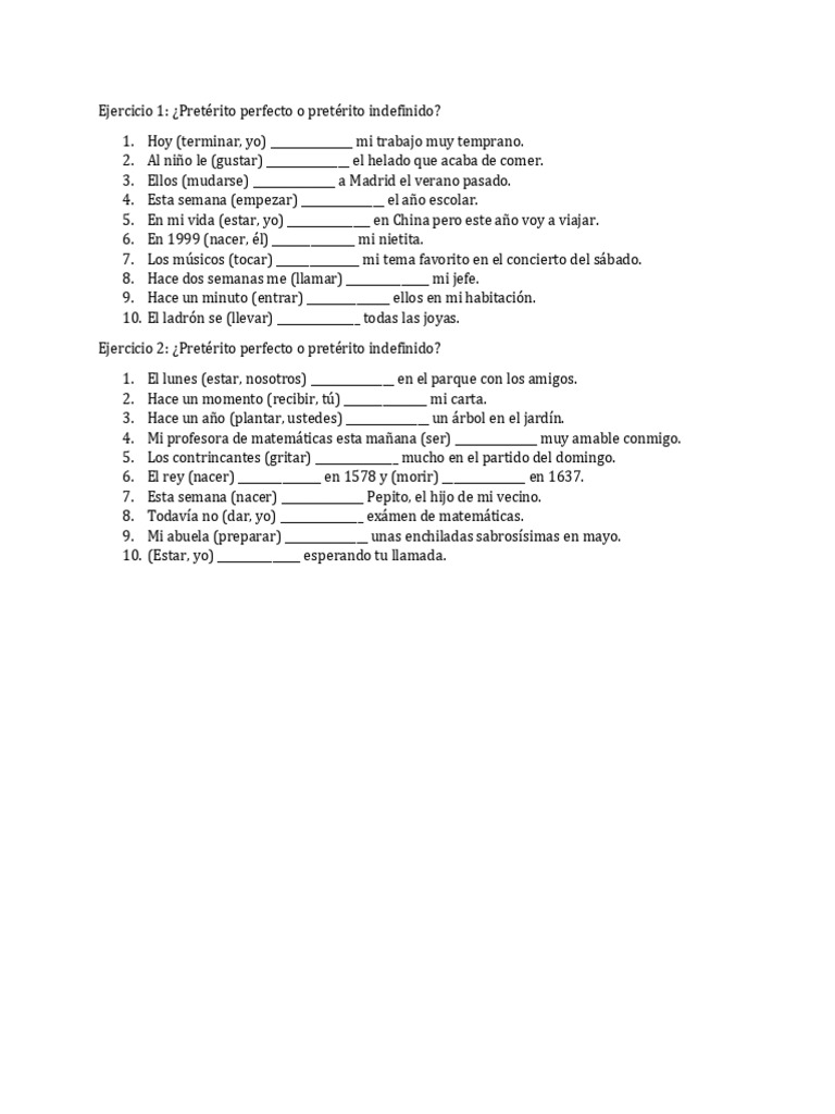 Ejercicios de pretérito perfecto e indefinido | PDF | Artes del ...