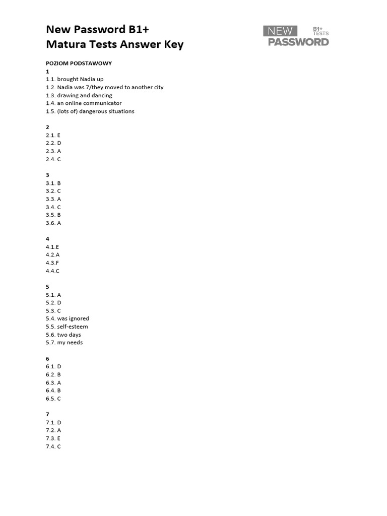 New password b1 matura tests answer key pdf