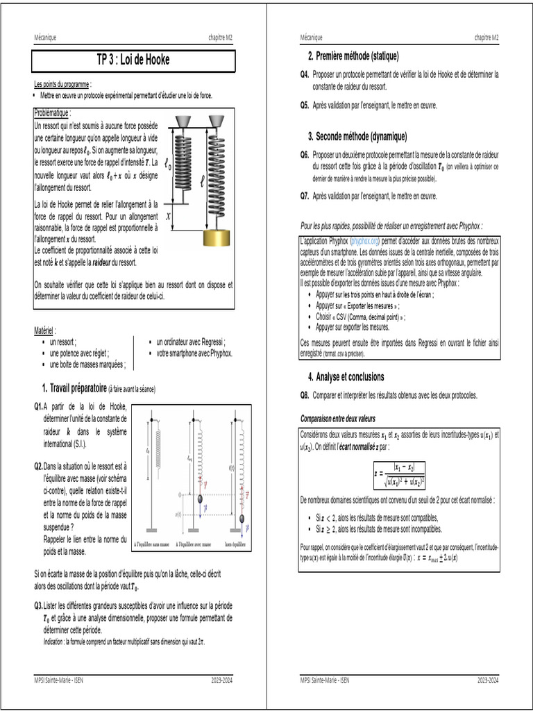 TP sur la loi de Hooke et raideur PDF Mécanique Grandeur physique — free download