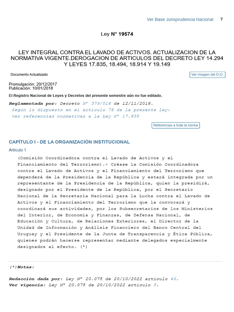 Ley 19574: Contra el Lavado de Activos | PDF | Auditoría | Lavado de dinero