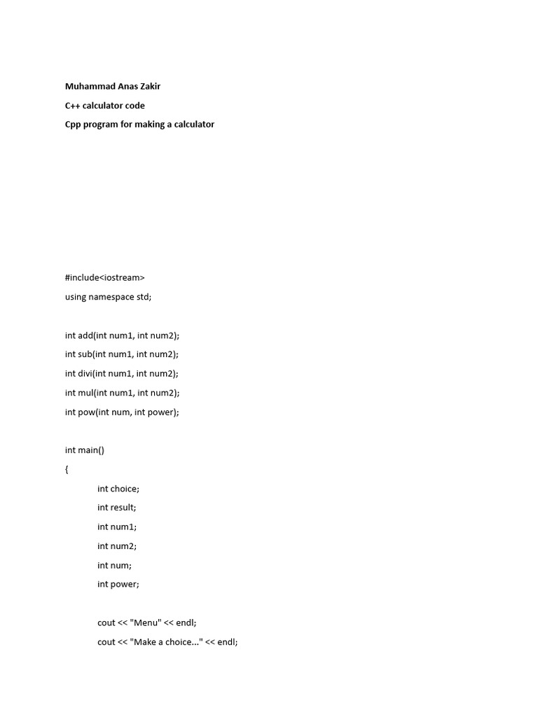 C++ Code For Making A Simple Calculator | PDF