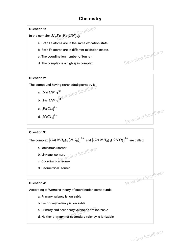 Co-Ordination Compounds Practice Questions | PDF